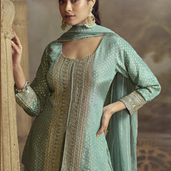 Sky Blue Viscose Shimmer Butti Embroidered Palazzo Suit