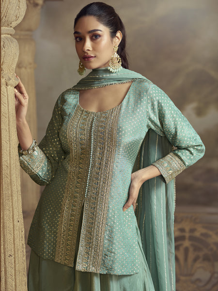 Sky Blue Viscose Shimmer Butti Embroidered Palazzo Suit