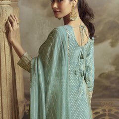 Sky Blue Viscose Shimmer Butti Embroidered Palazzo Suit