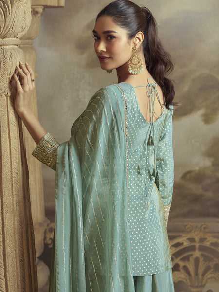 Sky Blue Viscose Shimmer Butti Embroidered Palazzo Suit