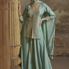 Sky Blue Viscose Shimmer Butti Embroidered Palazzo Suit