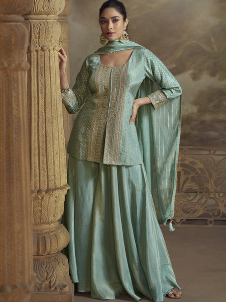 Sky Blue Viscose Shimmer Butti Embroidered Palazzo Suit
