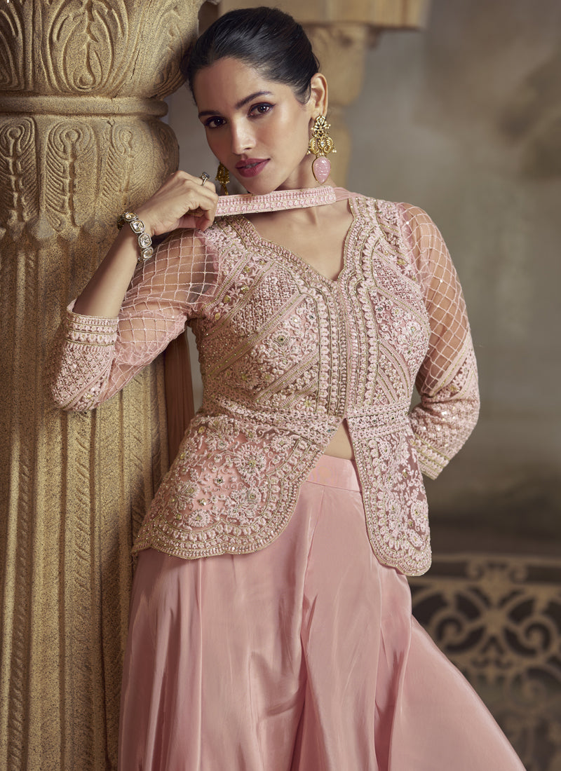 Peach Net Embroidered Designer  Palazzo Suit