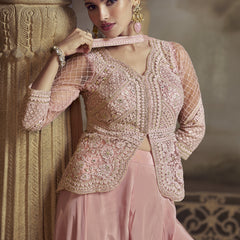 Peach Net Embroidered Designer  Palazzo Suit