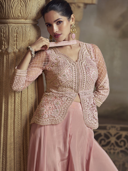 Peach Net Embroidered Designer  Palazzo Suit