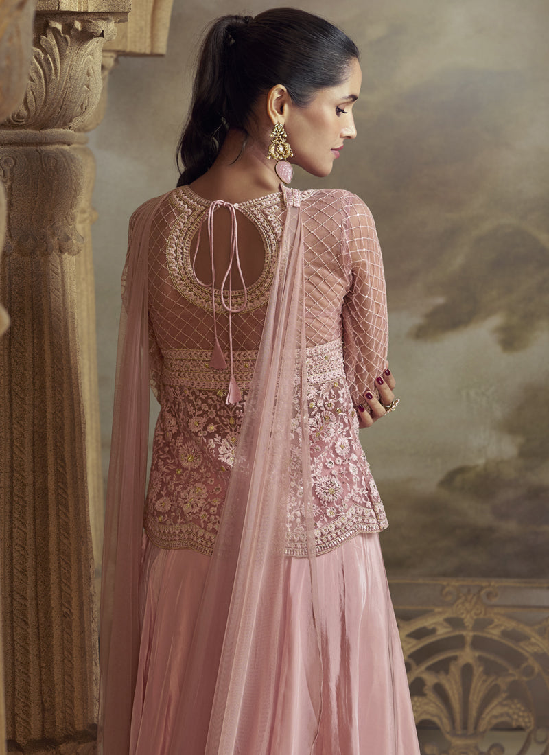 Peach Net Embroidered Designer  Palazzo Suit