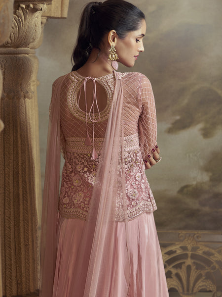 Peach Net Embroidered Designer  Palazzo Suit