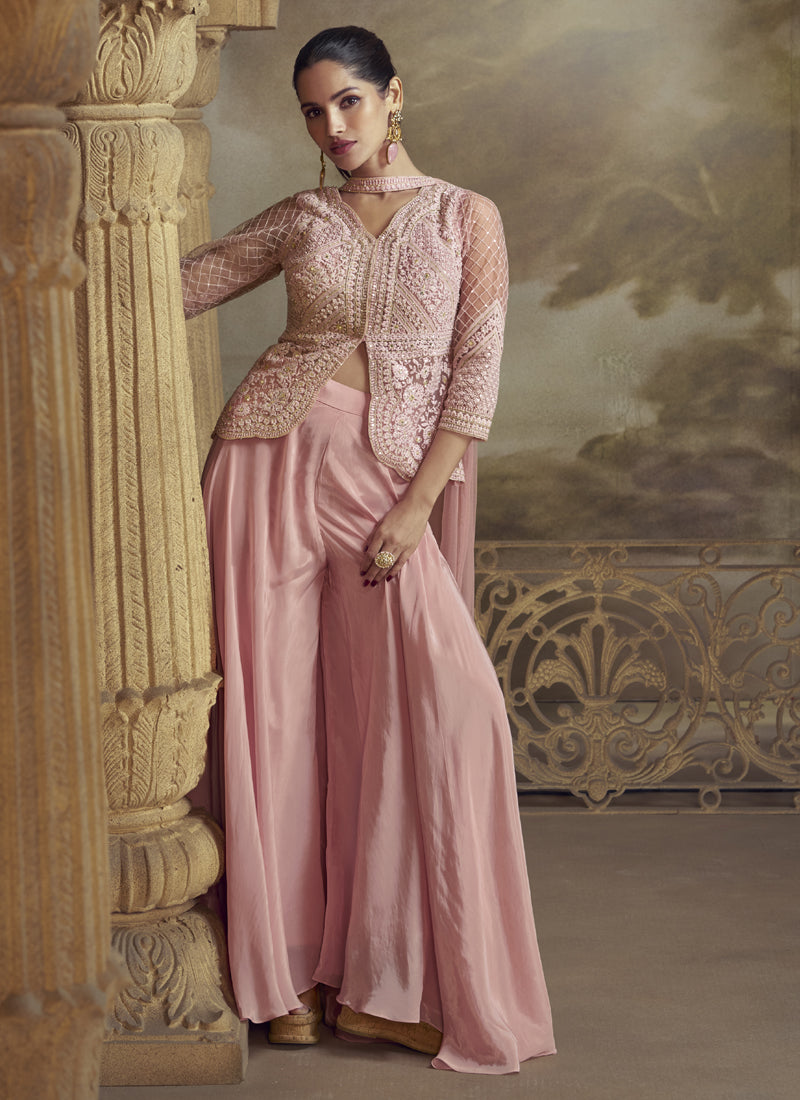 Peach Net Embroidered Designer  Palazzo Suit