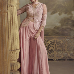 Peach Net Embroidered Designer  Palazzo Suit