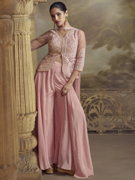 Peach Net Embroidered Designer  Palazzo Suit